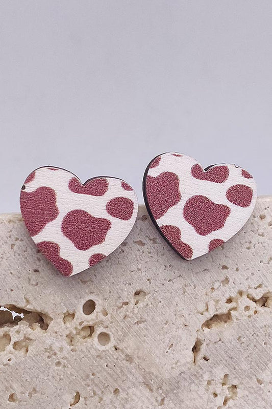 Red Sandalwood Heart Shaped Cow Stripe Print Stud Earrings