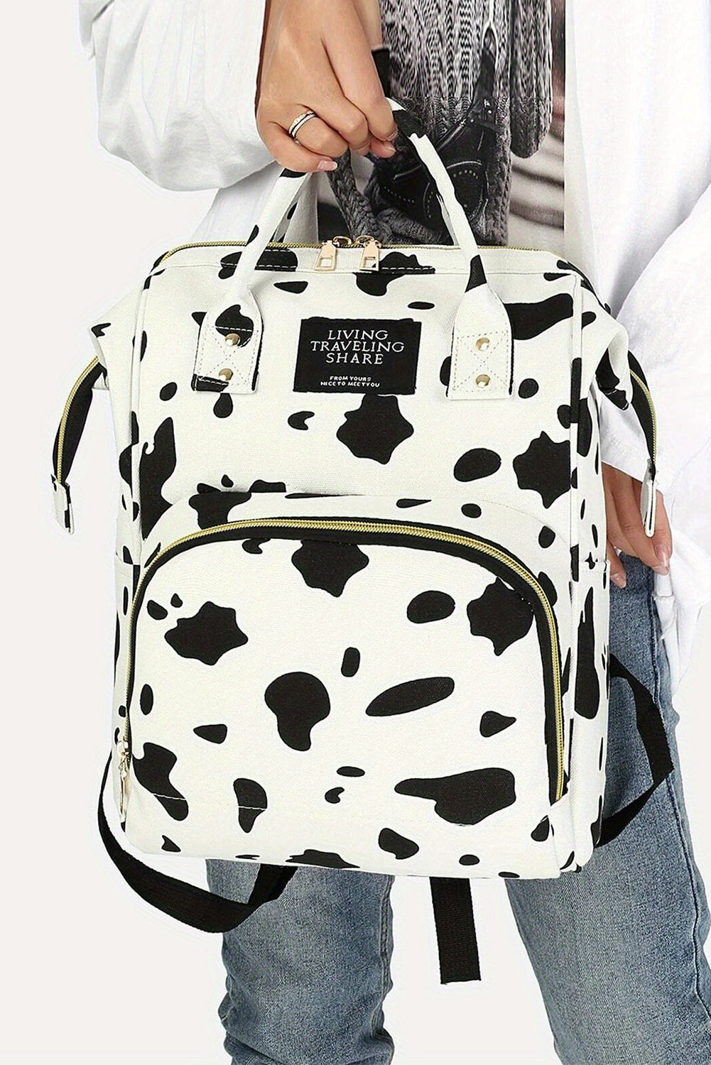 Bright White Cow Spot Print Multi Pocket Canvas Backpack