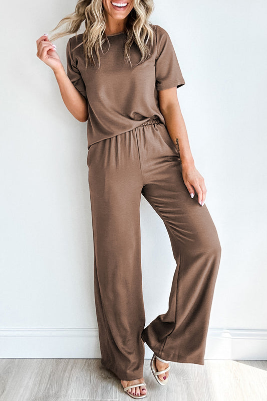 Brown Solid Color T Shirt 2pcs Wide Leg Pants Set