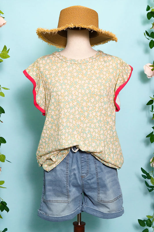 MINT FLORAL RUFFLE SHORT SLEEVE KNIT TOP