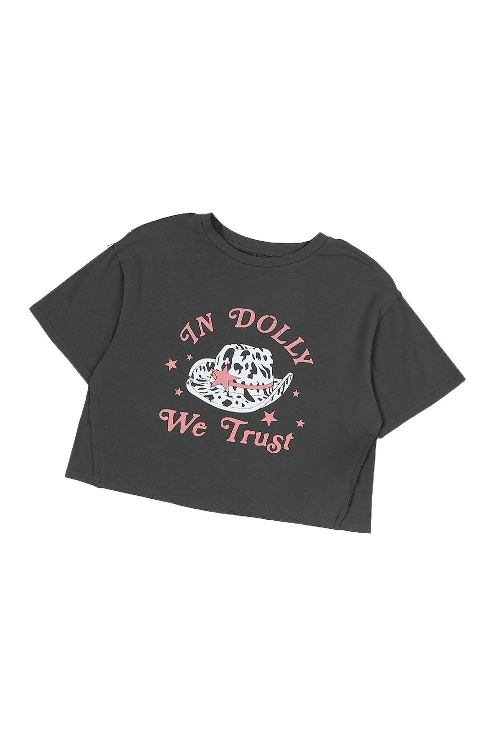 Gray IN DOLLY WE TRUST Western Fashion Crop Graphic Tee