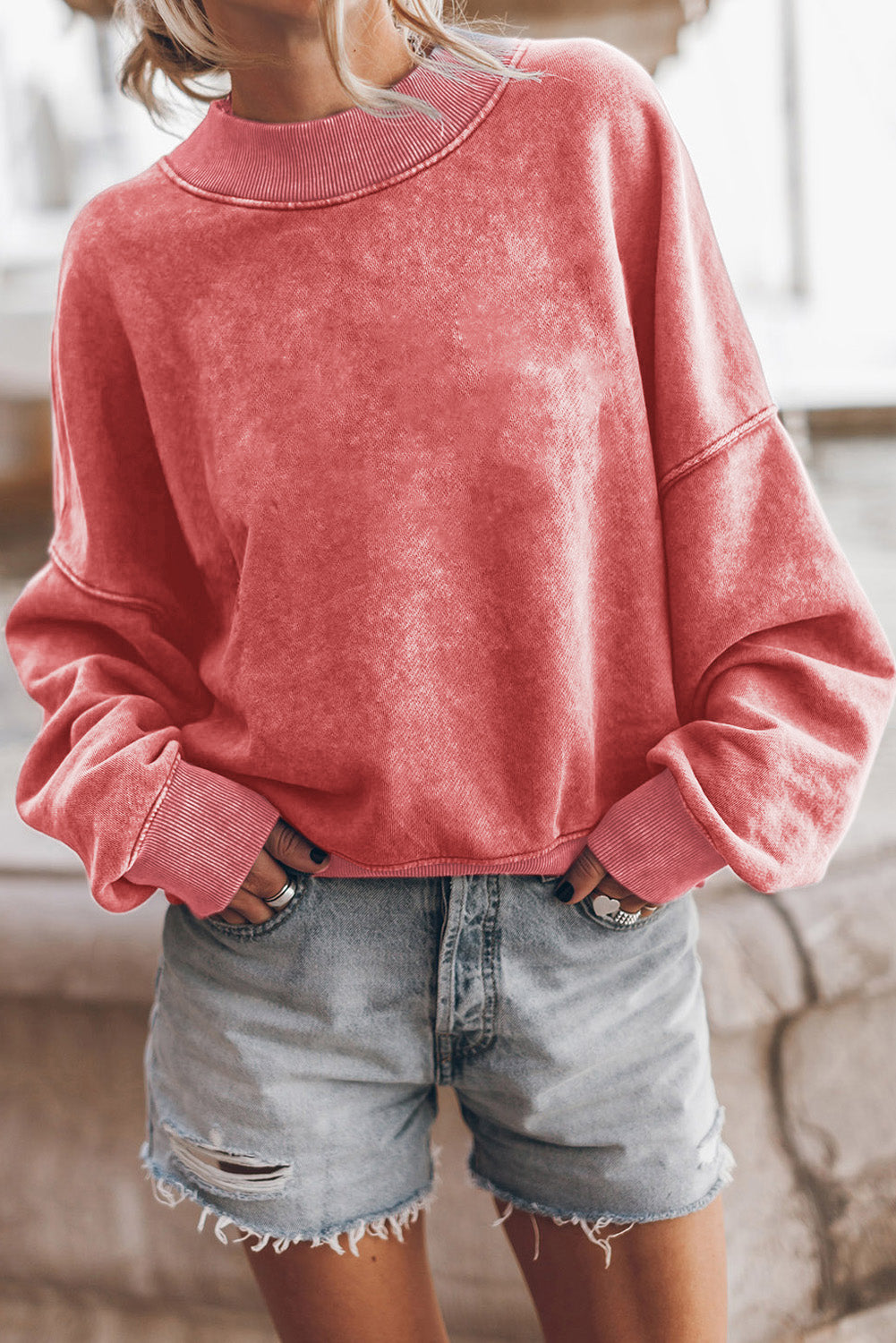 Drop Shoulder Crew Neck Pullover Sweatshirt Pink