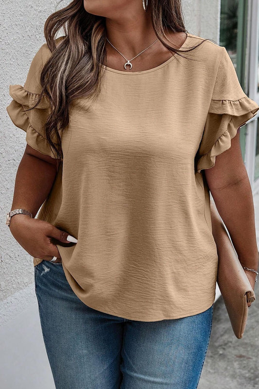 Light Beige Ruffled Short Sleeve Plus Size Top