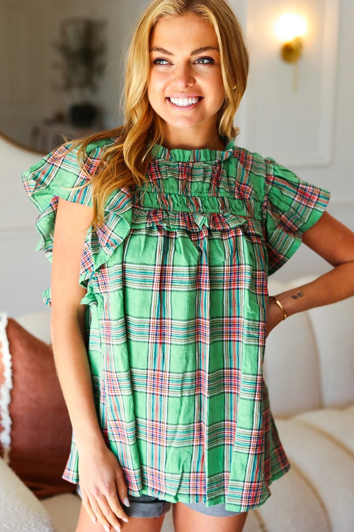 LIVE FOR TODAY GREEN PLAID SHIRRED YOKE FLUTTER SLEEVE TOP