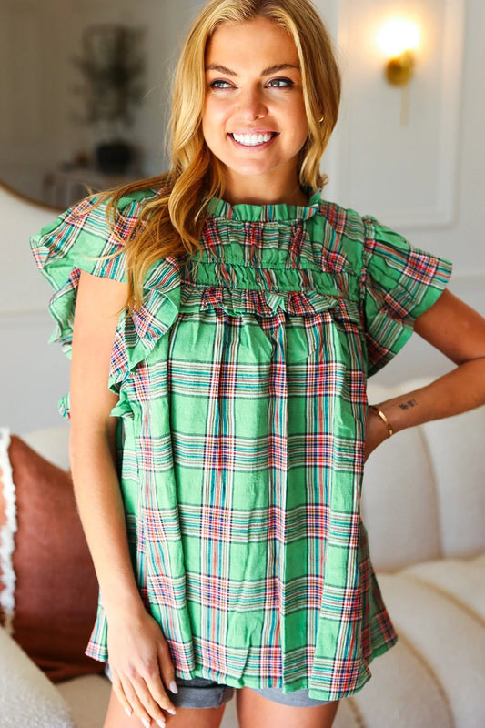 LIVE FOR TODAY GREEN PLAID SHIRRED YOKE FLUTTER SLEEVE TOP